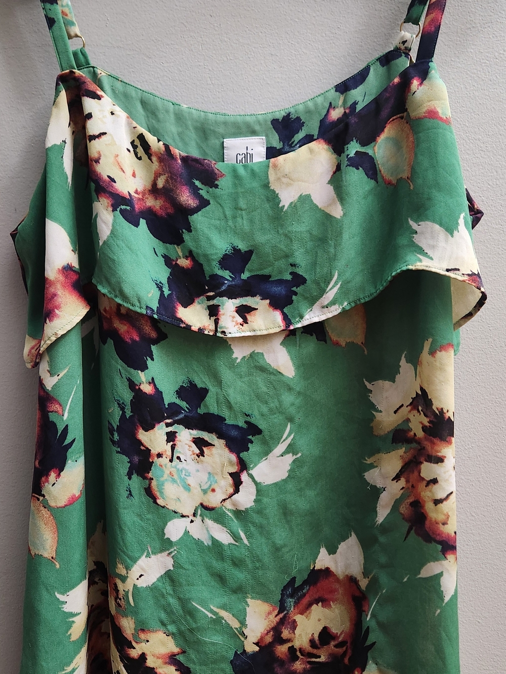 CAbi XL Green Floral Spaghetti Strap Ruffle Cami blousy Tank Top
